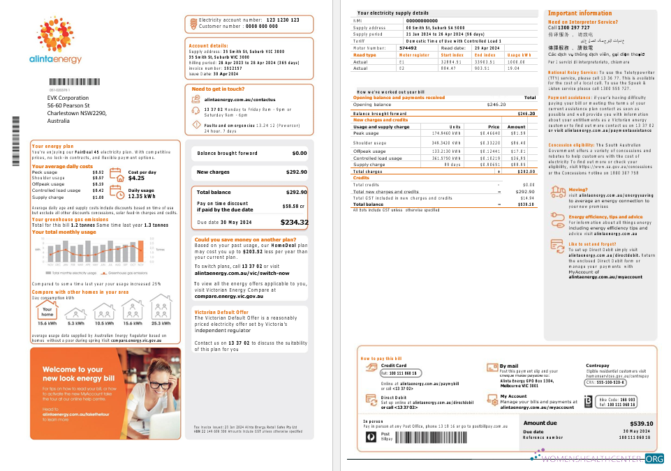 Australia Alinta Energy electricity business utility bill template in Word and PDF format, 2 pages